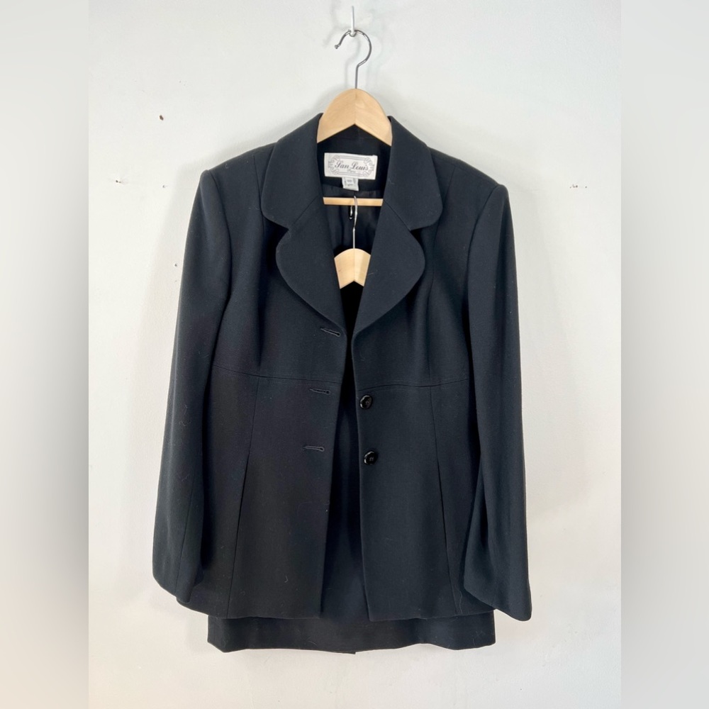 Vintage San Louis Paris 100% Black Wool Skirt Suit Set Size 10
